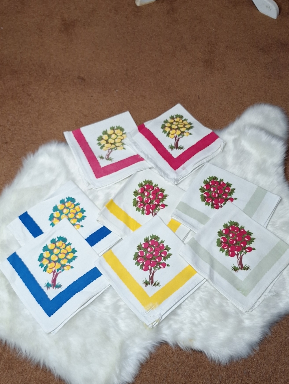 Hand-Printed Fruit Tree Cotton Napkins - Assorted Border Colors
